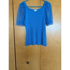 Cato Royal Blue Ribbed Knit Top Sheer Swiss Dot Puff Sleeve Ruffle Scoop Neck L